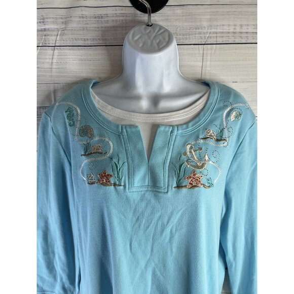 90s Morning Sun Sweatshirt L Nautical Seashell Coastal Blue Cottage - Picture 4 of 12